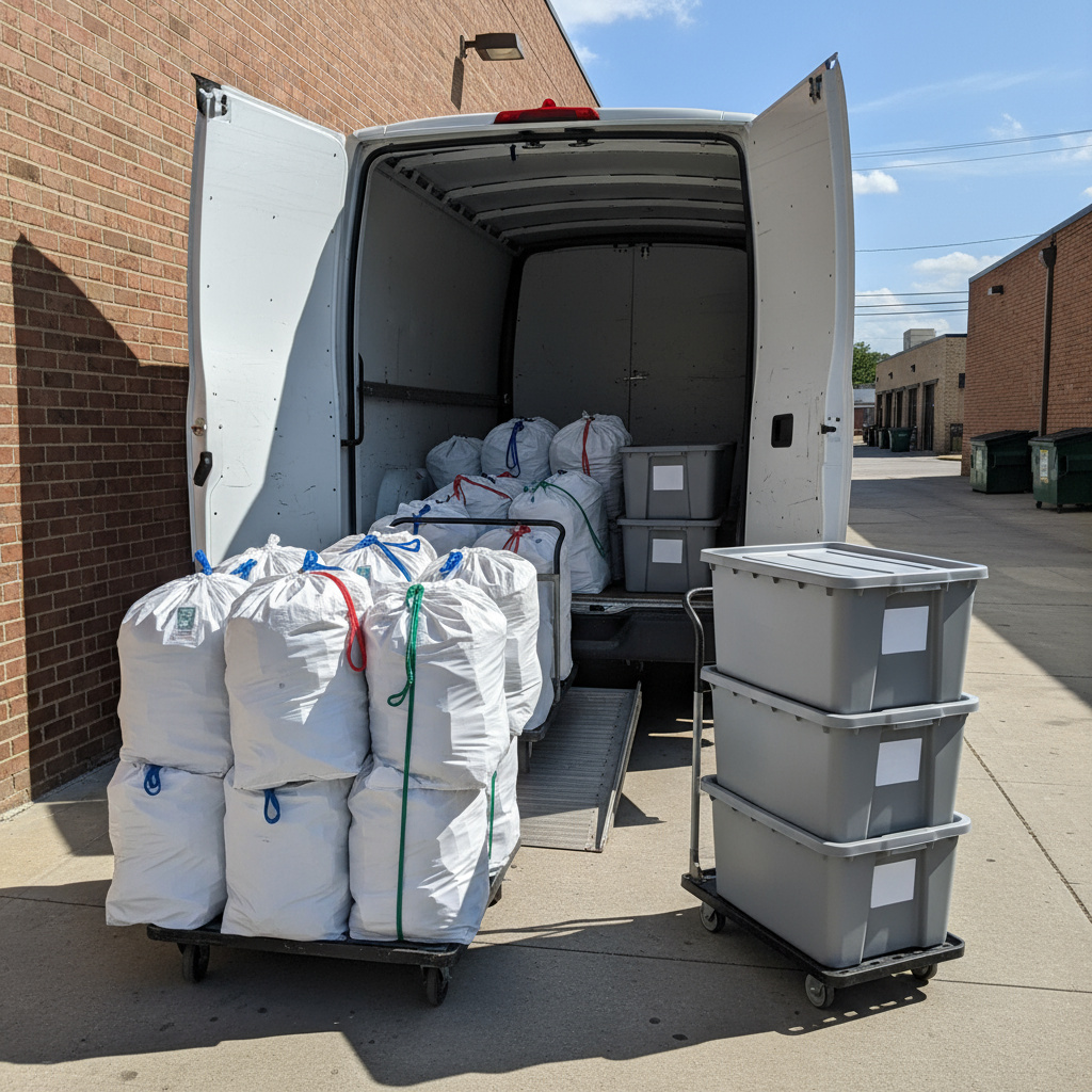 شاحنة تسليم تقوم بتحميل أكياس الغسيل المختومة